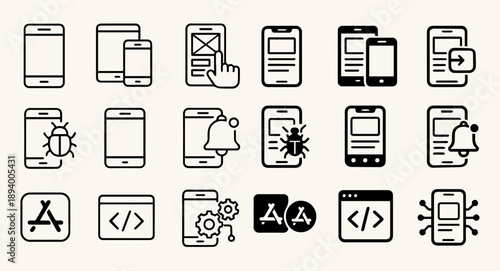 A minimalist line icon set of various mobile devices and coding symbols in outline style, arranged in rows against a clean white background.