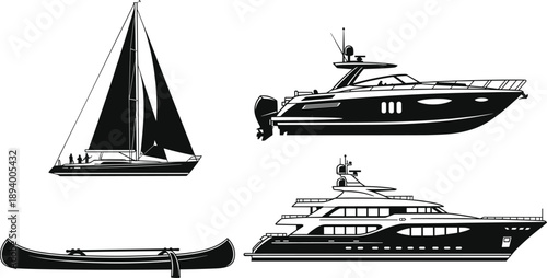 Boat and yacht silhouettes collection including sailboat motor yacht canoe luxury marine transportation illustration isolated