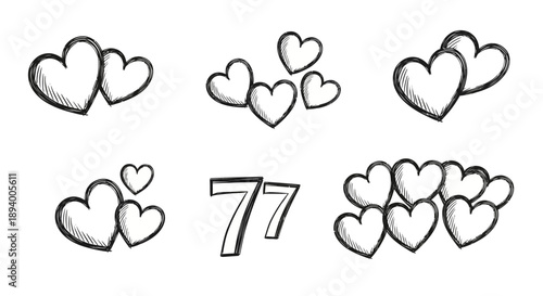 A collection of hand drawn hearts in various arrangements and the number seventy seven.