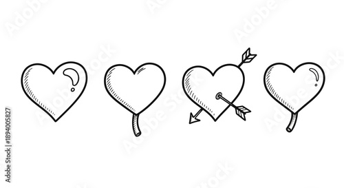 A collection of hand drawn heart shapes, one pierced by an arrow, representing love and affection.
