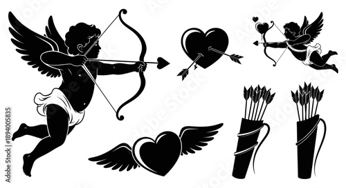 Cupid figures with bows, arrows, and hearts in silhouette, symbolizing love and romance.