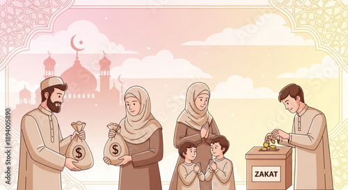 Muslim family giving zakat charity and donations to a collection box with mosque background