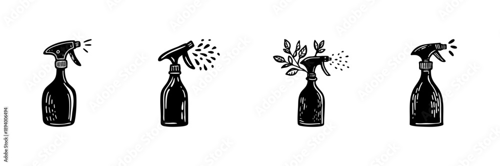 Fototapeta premium Spray Bottles In Hand Drawn Style Set. Cleaning, Gardening, And Plant Care Doodle Sketch Collection. Household And Environmental Maintenance. Isolated Vector Illustration