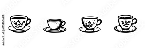 Tea Cups With Floral Designs In Hand Drawn Style Set. Elegant Beverage Presentation, Vintage Tea Time Doodle Sketch Collection. Decorative Tableware Art. Isolated Vector Illustration