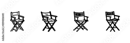 Director'S Chair Icons In Hand Drawn Style Set. Film Industry, Movie Production, Cinematic Art Doodle Sketch Collection. Creative Seating Design. Isolated Vector Illustration