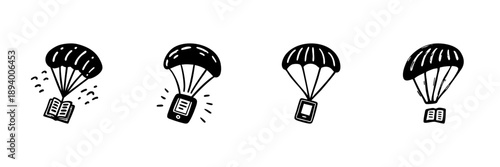 Parachuting Books And E-Readers In Hand Drawn Style Set. Knowledge Delivery, Digital And Physical Reading Access Doodle Sketch Collection. Educational Resources. Isolated Vector Illustration