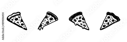 Pizza Slice Icons In Hand Drawn Style Set. Italian Cuisine, Fast Food, Snack Doodle Sketch Collection. Tasty Meal Representation. Isolated Vector Illustration