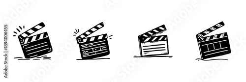 Film Clapperboard Icons In Hand Drawn Style Set. Movie Production, Filmmaking, Cinema Tools Doodle Sketch Collection. Entertainment Industry Symbols. Isolated Vector Illustration