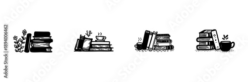 Books And Coffee With Plants In Hand Drawn Style Set. Cozy Reading, Relaxation, Literary Enjoyment Doodle Sketch Collection. Book Lover'S Delight. Isolated Vector Illustration