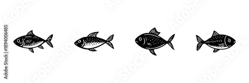 Four Fish Illustrations In Hand Drawn Style Set. Marine Life, Aquatic Creatures, Ocean Wildlife Doodle Sketch Collection. Nautical Theme, Sea Animals. Isolated Vector Illustration