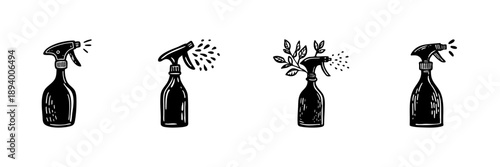 Spray Bottles In Hand Drawn Style Set. Cleaning, Gardening, And Plant Care Doodle Sketch Collection. Household And Environmental Maintenance. Isolated Vector Illustration