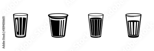 Four Glasses In Hand Drawn Style Set. Beverage Containers, Drinkware, Hydration Doodle Sketch Collection. Minimalist Design Elements. Isolated Vector Illustration