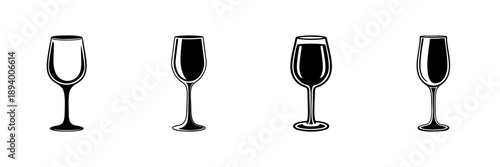 Four Wine Glasses In Hand Drawn Style Set. Elegant Beverage Container Doodle Sketch Collection. Wine Tasting, Celebration, Party Theme. Isolated Vector Illustration