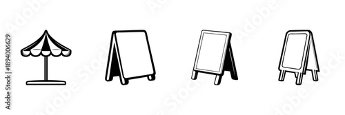 Outdoor Market Stall And Chalkboard Signs In Hand Drawn Style Set. Retail Promotion, Street Food, And Event Advertising Doodle Sketch Collection. Isolated Vector Illustration