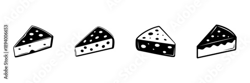 Cheese Wedge Icons In Hand Drawn Style Set. Dairy Product, Food Illustration, Cheese Variety Doodle Sketch Collection. Culinary Art, Cheese Tasting. Isolated Vector Illustration