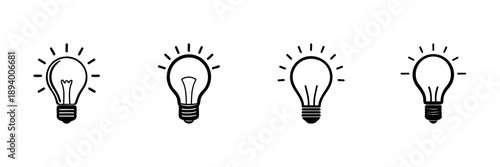 Light Bulb Icons In Hand Drawn Style Set. Innovation, Creativity, New Ideas Doodle Sketch Collection. Conceptual Design Elements. Isolated Vector Illustration