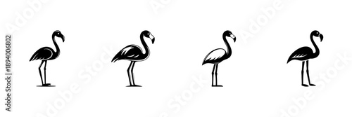 Flamingo Silhouettes In Hand Drawn Style Set. Elegant Bird, Tropical Wildlife, Nature Illustration Doodle Sketch Collection. Exotic Animal Art. Isolated Vector Illustration