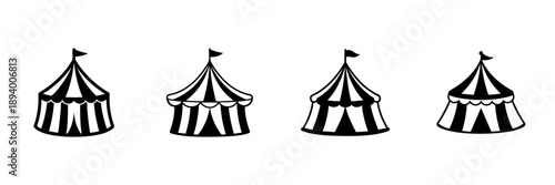 Circus Tent Icons In Hand Drawn Style Set. Carnival, Festival, Entertainment Venue Doodle Sketch Collection. Vintage Circus Theme. Isolated Vector Illustration