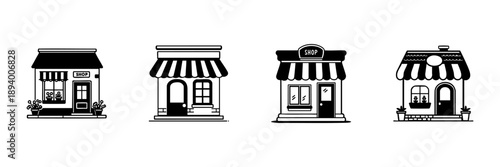 Small Retail Shops In Hand Drawn Style Set. Local Business, Boutique Storefront, Market Stall Doodle Sketch Collection. Vintage Shopping Experience. Isolated Vector Illustration