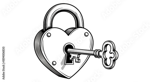 A heart shaped lock with a key inserted into the keyhole.