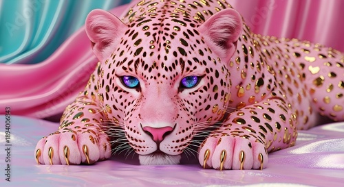 Pink leopard with golden spots and metallic claws lying on soft pastel silk fabric background, fantasy concept art for fashion or luxury design