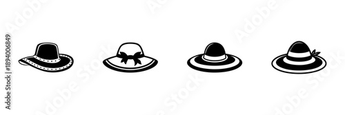 Wide-Brimmed Hat Collection In Hand Drawn Style Set. Fashionable Summer Headwear Doodle Sketch Collection. Stylish Sun Protection. Isolated Vector Illustration