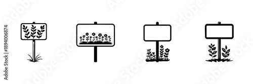 Garden Signage Icons In Hand Drawn Style Set. Botanical Information, Plant Identification, Garden Decoration Doodle Sketch Collection. Nature And Landscaping. Isolated Vector Illustration