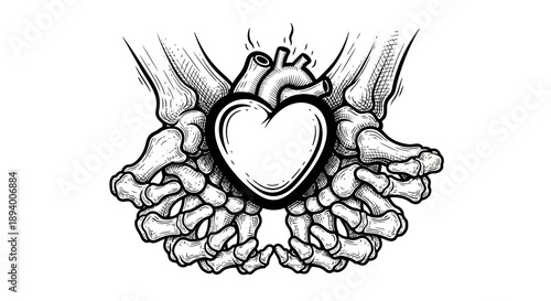 Skeleton hands cradle a beating heart symbolizing love, life, and mortality.