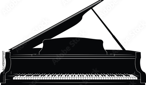 Grand piano silhouette classical musical instrument concert performance keyboard music isolated black vector illustration design