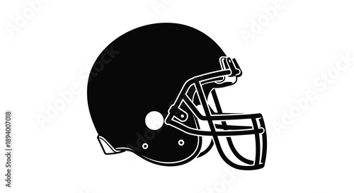 A stark black silhouette of an american football helmet presented on a clean white background displaying protective gear silhouette