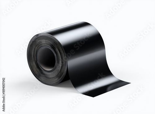 A glossy, black roll of material with one end unspooled, resting on a white surface