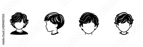Boy Hairstyles Silhouette Icons In Hand Drawn Style Set. Youthful Haircut Variations, Fashionable Boys' Hair Design Doodle Sketch Collection. Hair Styling Concepts. Isolated Vector Illustration