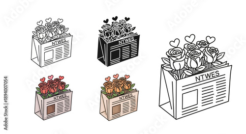 Bouquet of roses with hearts emerging from a newspaper in various artistic styles.