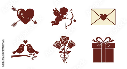A collection of romantic symbols including a heart pierced by arrows, cupid, an envelope, lovebirds,.