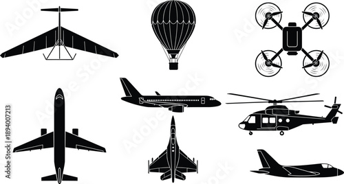Aircraft silhouette collection aviation drone airplane helicopter hot air balloon glider flying transport illustration isolated white background