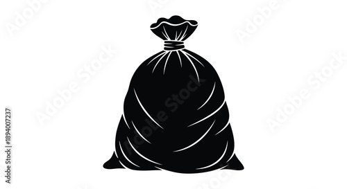 A striking black silhouette depicts a full sack or bag likely containing goods presented against a white backdrop silhouette