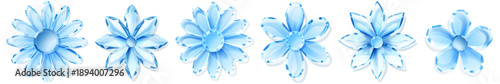 Set of blue crystal flowers with soft shadows on white background, in style and color of crystal.