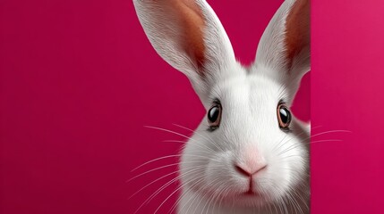 White rabbit with large ears peeking curiously against a vibrant pink backdrop, ideal for Easter-themed designs and spring projects, ultra-photorealistic image with softbox lighting