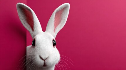 White rabbit with large ears peeking curiously from behind a vibrant pink backdrop, ideal for Easter-themed designs and spring projects featuring a transparent background