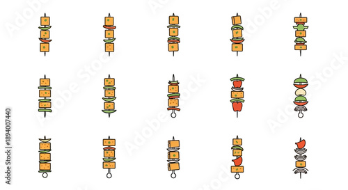 Paneer Tikka Icons Set, Indian Grilled Cheese Skewers Vector Illustrations, Tandoori Appetizer Flat Line Art Icons for Food Menu and Restaurant Branding