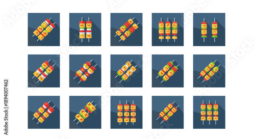 Paneer Tikka Icons Set, Vegetable Kebab Skewers Flat Vector Illustration