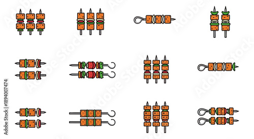 Set of Paneer Tikka Skewers Icons, Indian Grilled Cheese Kebab Vector Illustrations, Tandoori BBQ Appetizer Flat Icons for Restaurant Menu, Food Delivery App and Web Design