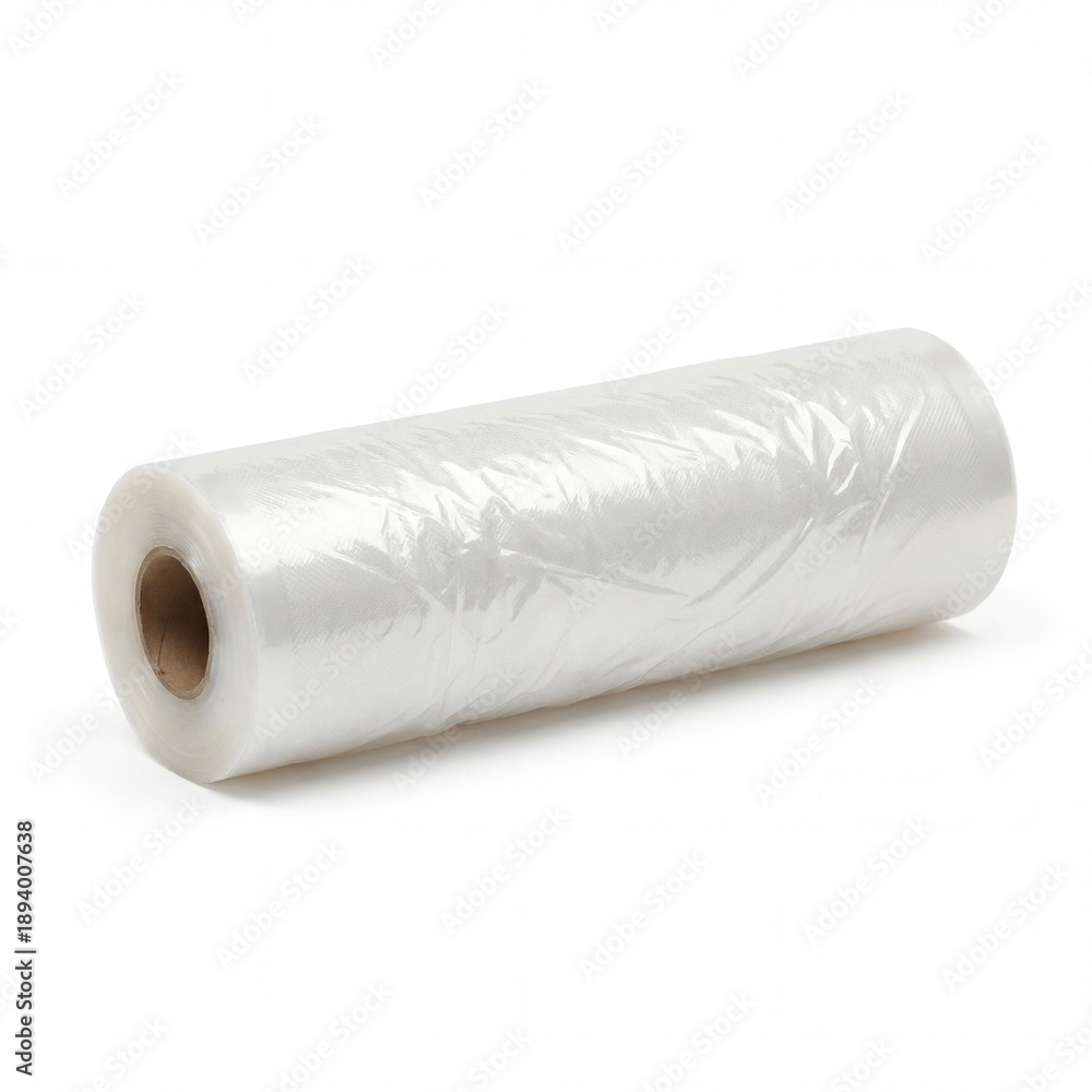 Fototapeta premium Clear plastic wrap on roll for food storage and protection. Versatile plastic film roll ideal for wrapping and sealing food items. Essential food storage solution for kitchens and restaurants.