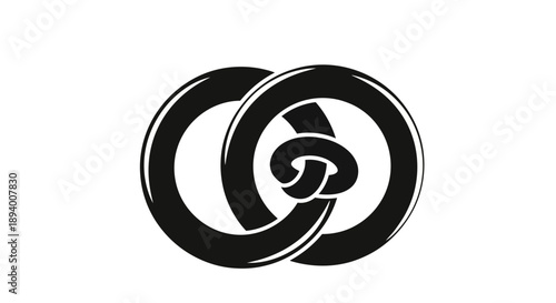Two interlocking rings form a stylized knot shape in a black and white graphic.