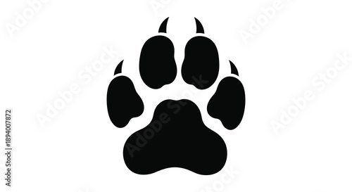A striking black silhouette of a canine or feline paw print dominates a clean white background showcasing animal tracks silhouette