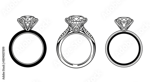 Three diamond engagement rings shown from different angles, symbolizing love and commitment.