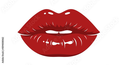 Glossy red lips with a sensual shape and alluring shine, conveying passion and beauty.