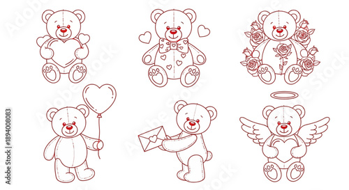 Collection of six charming teddy bears in various poses, some holding hearts, balloons, or.