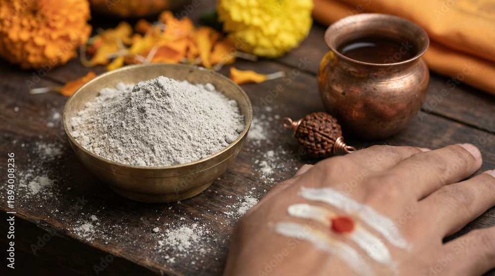 Fototapeta premium Close-up of hand applying sacred powder with copper bowl and flowers