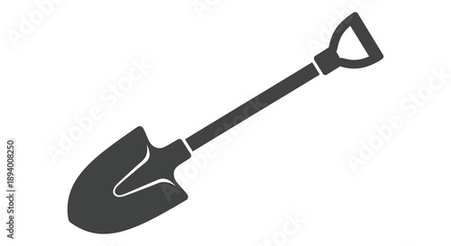 A stark black silhouette of a garden shovel laying diagonally against a plain white background silhouette high quality professional detailed